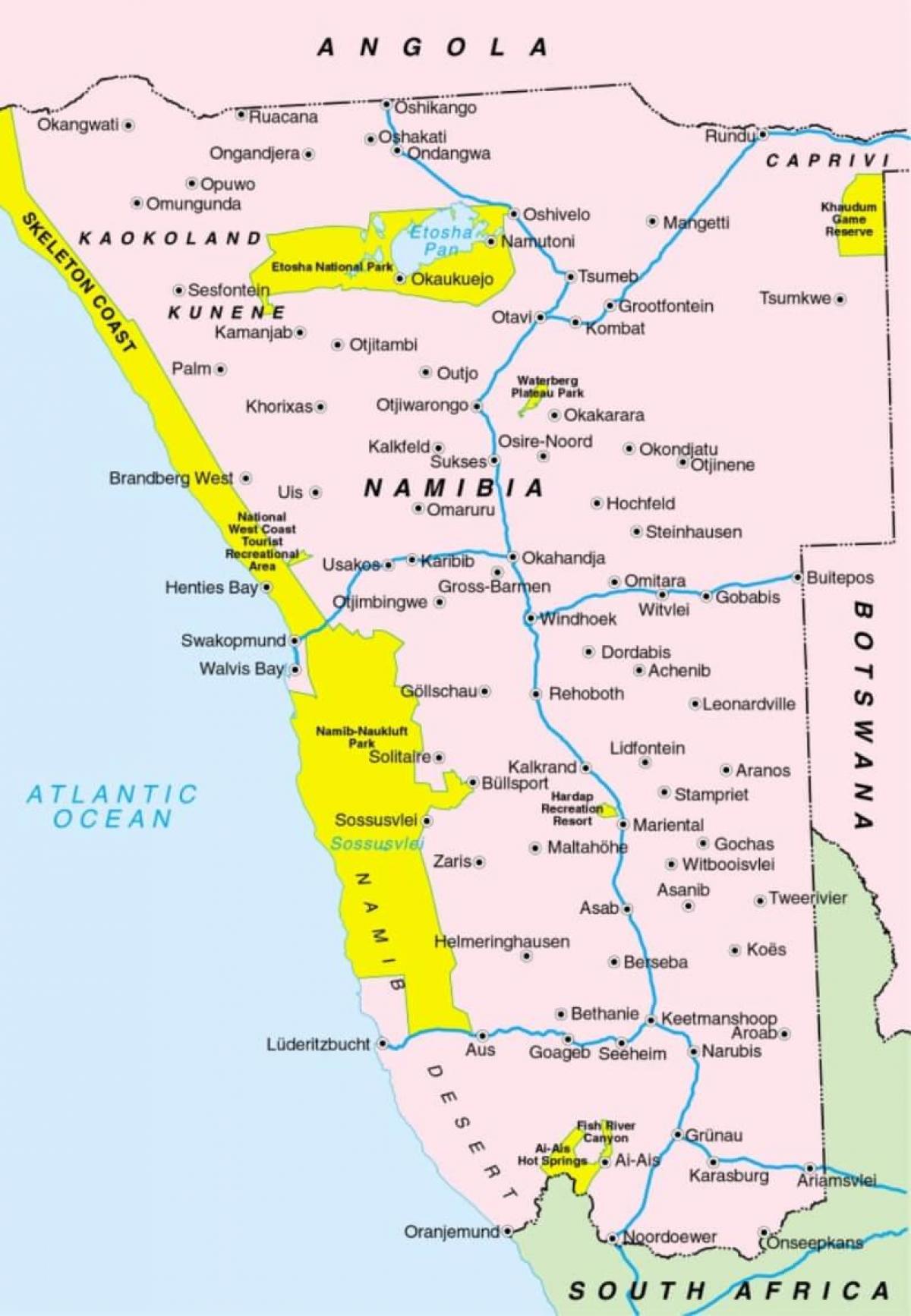 Zemljevid Namibija, ki prikazuje mest