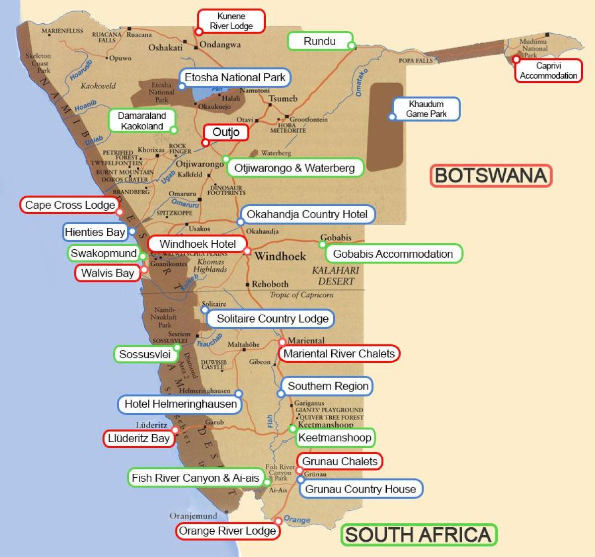 kampi, Namibija zemljevid