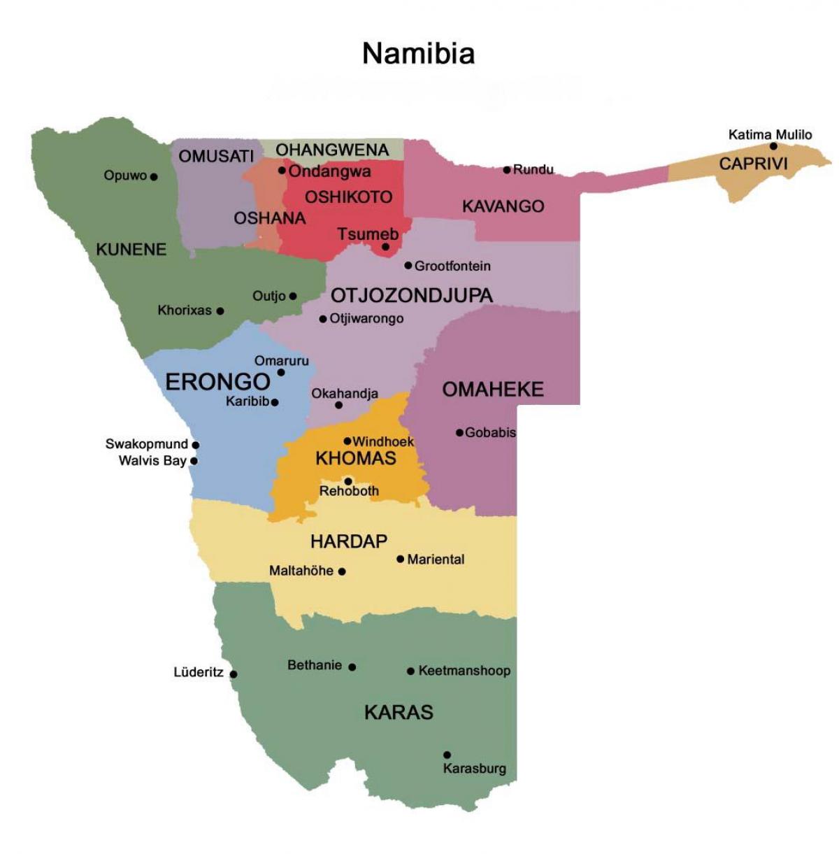 Zemljevid Namibija z regijami